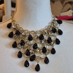 Vintage Black & Rhinestone Bib Necklace - Gold-tone